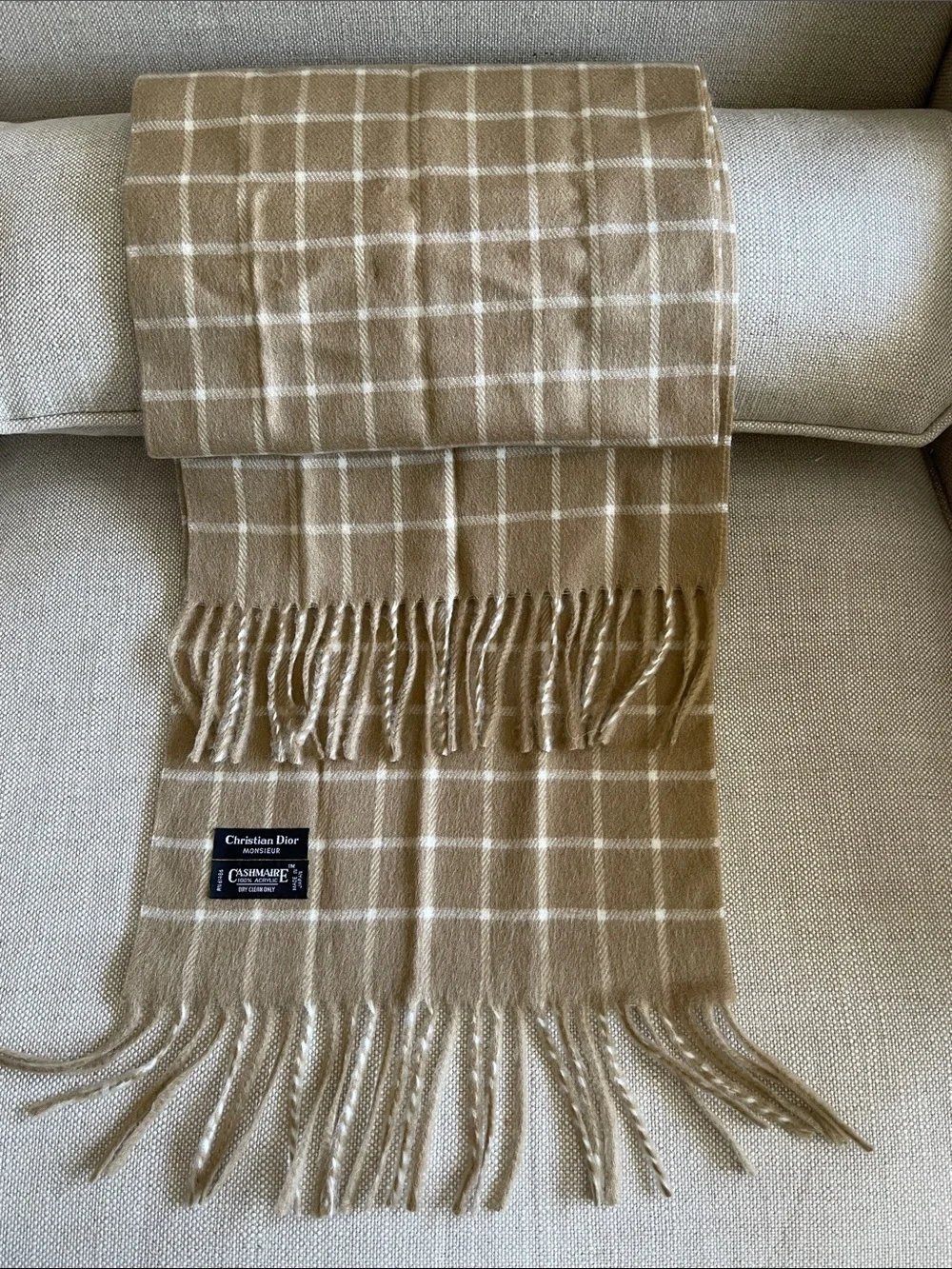 Dior Beige and White Windowpane Scarf vintage Japan